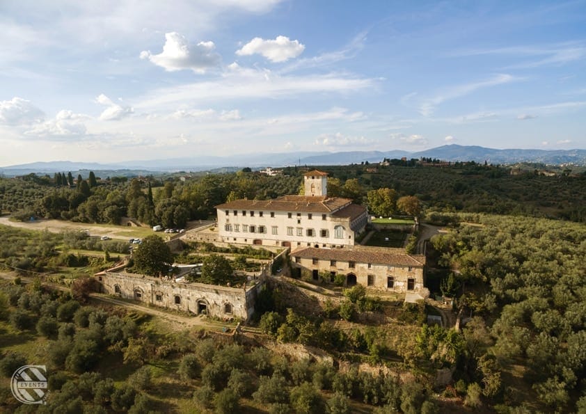 Aereal view of Villa Corsini a Mezzomonte at sunset - Tuscany Wedding Venues